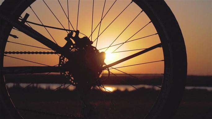 在夕阳下骑自行车年轻人户外运动健康生活骑