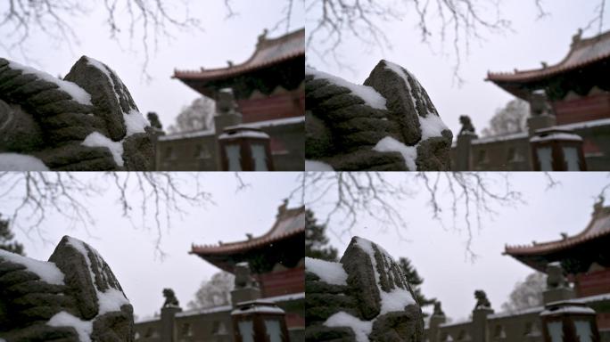 中式园林冬季雪景空镜头