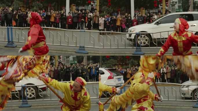 新年春节街道舞龙围观群众4K