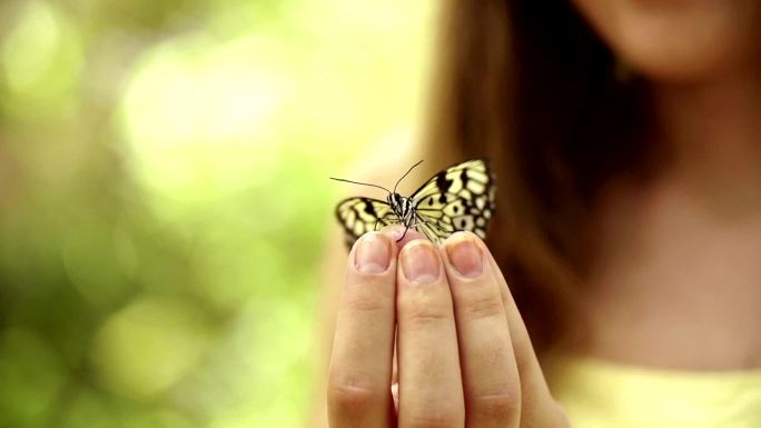 蝴蝶在女孩的手指上