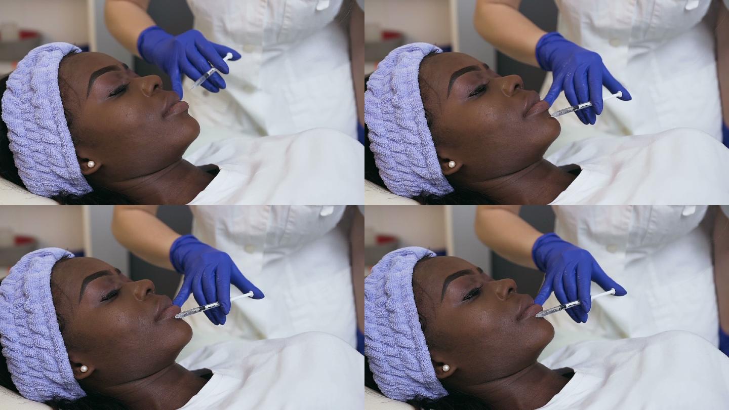 美容师为年轻女性注射美容针剂的侧视图