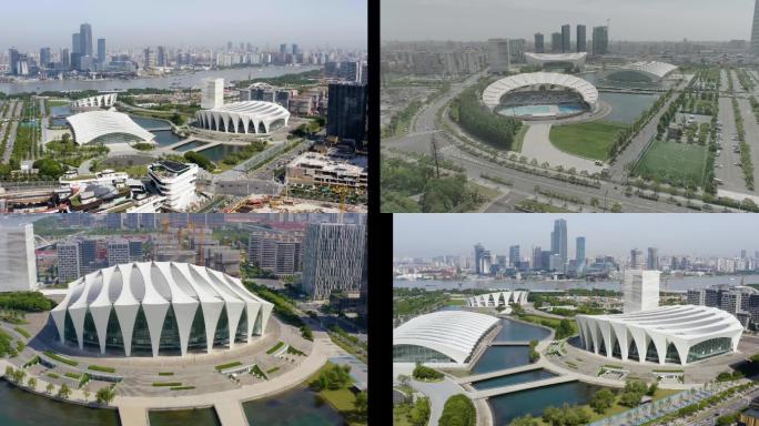 上海东方体育中心航拍4K灰度疫情防控封控