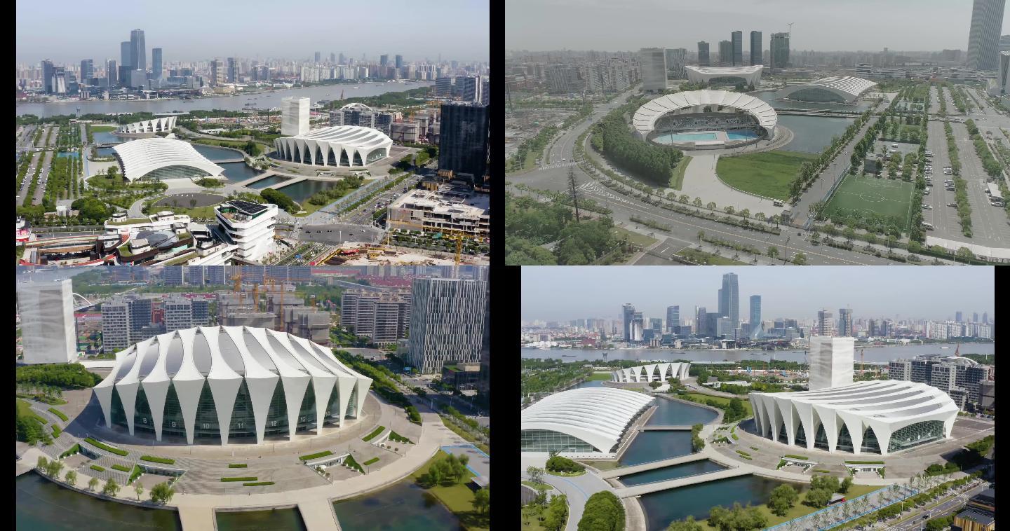 上海东方体育中心航拍4K灰度疫情防控封控