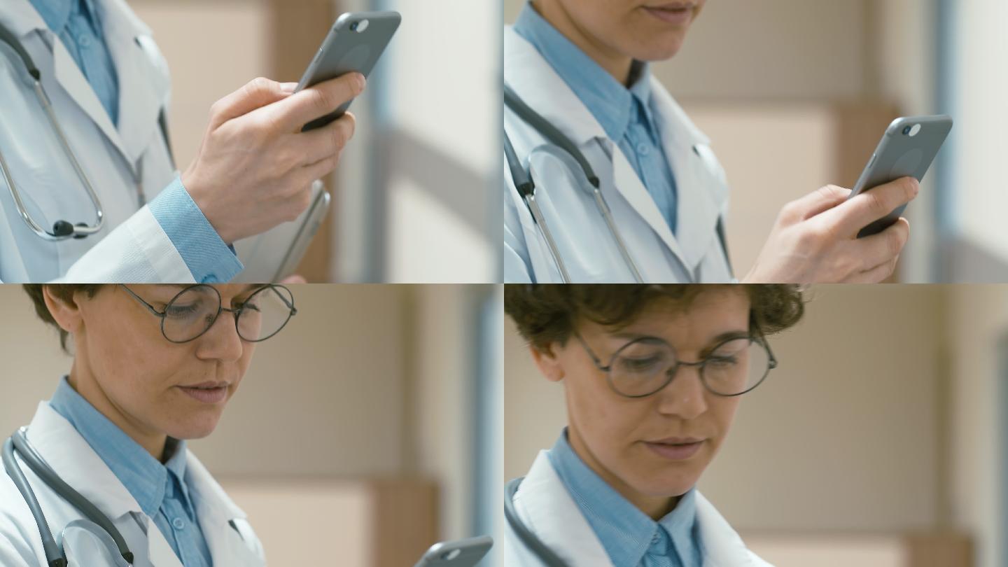 护士在智能手机上发短信