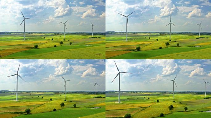 乡村绿地上的风力涡轮机，鸟瞰图