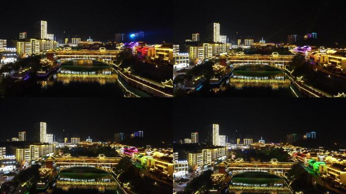 航拍贵州铜仁古城风雨桥夜景灯光