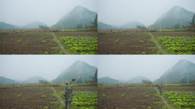 村民去种地，大山，农民干活，菜地