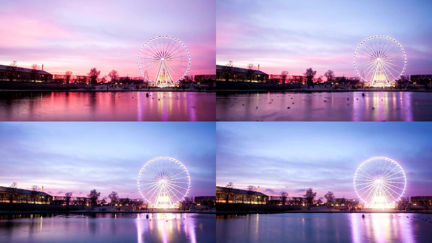 日落时分的巴黎摩天轮景观
