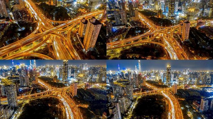 4K上海延安高架航拍延时摄影夜景