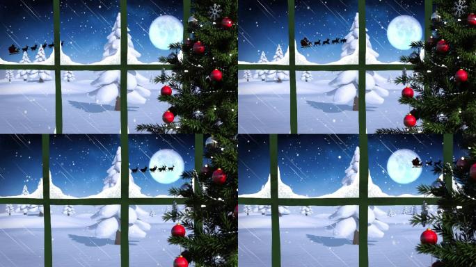 透过窗户看到圣诞雪橇的动画