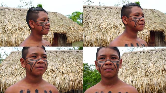 巴西土著图皮瓜拉尼部落的一名巴西土著男孩