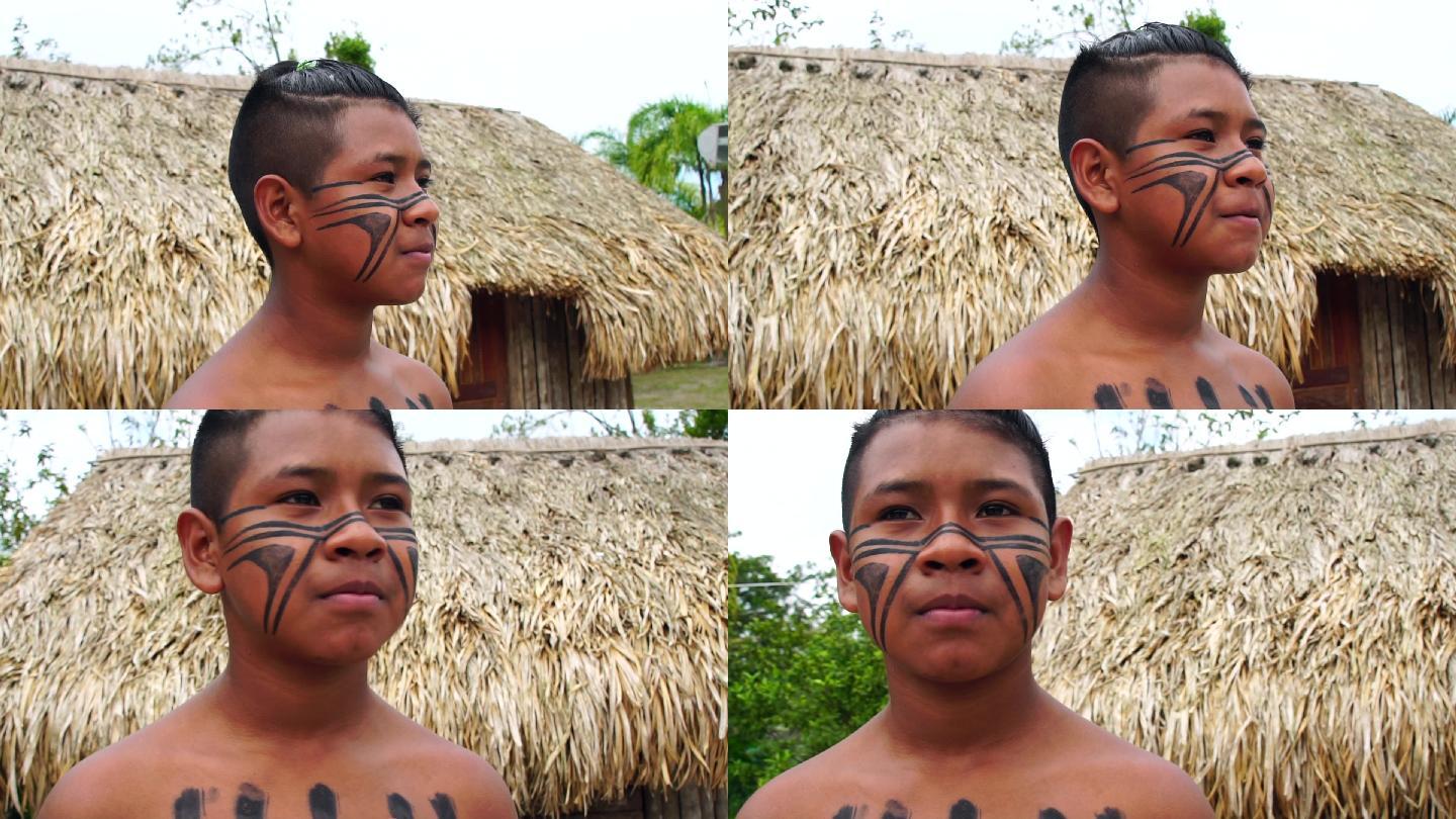 巴西土著图皮瓜拉尼部落的一名巴西土著男孩