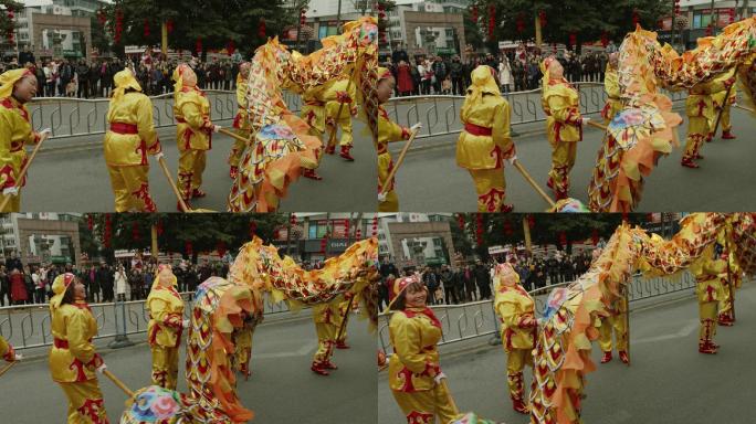 新年春节街道舞龙围观群众4K