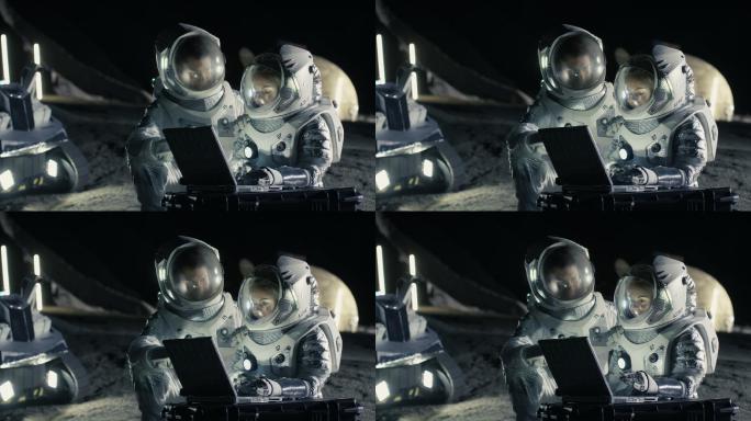 两名穿着宇航服的宇航员在笔记本电脑上工作