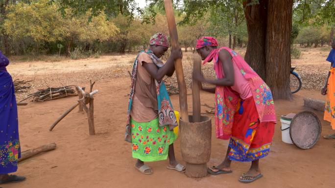 津巴布韦妇女用传统方法敲打和碾磨高粱