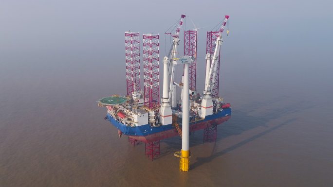 海上风力发电建设安装设备作业航拍A024