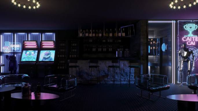 3DMAX室内酒吧前台灯光卡点漫游动画