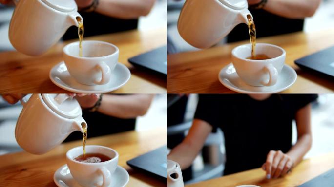 特写镜头：女性从茶壶里倒热茶