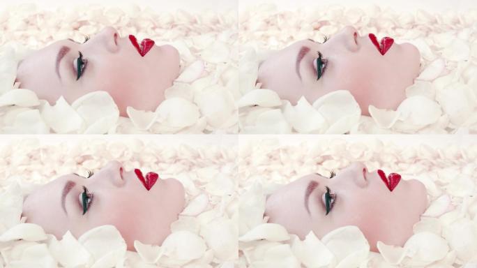 美丽女孩的脸上绽放着白玫瑰花瓣