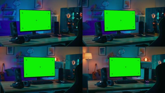 个人电脑游戏玩家装备，带有绿色屏幕显示器