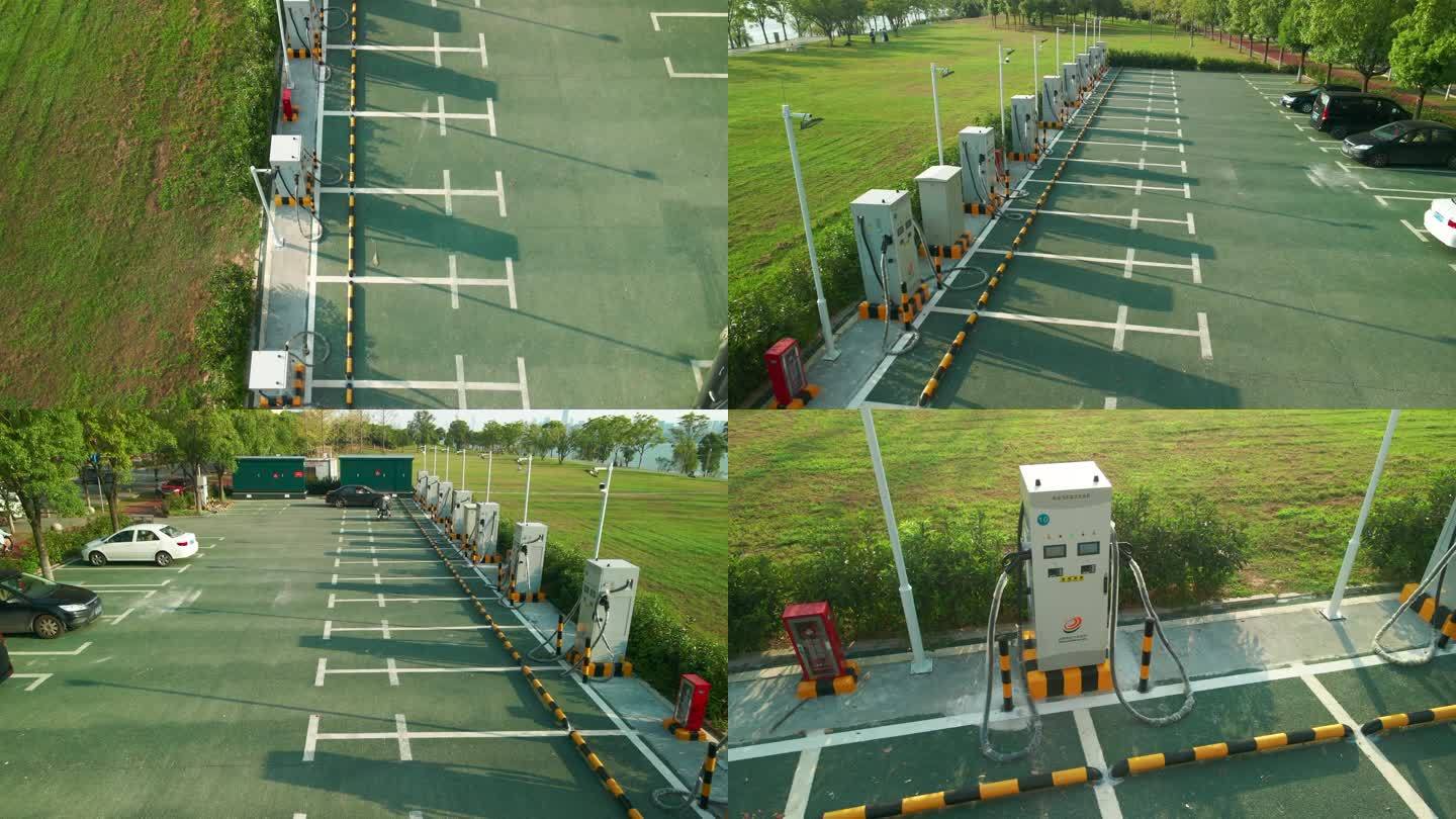 4K新能源汽车公共充电停车场航拍空镜