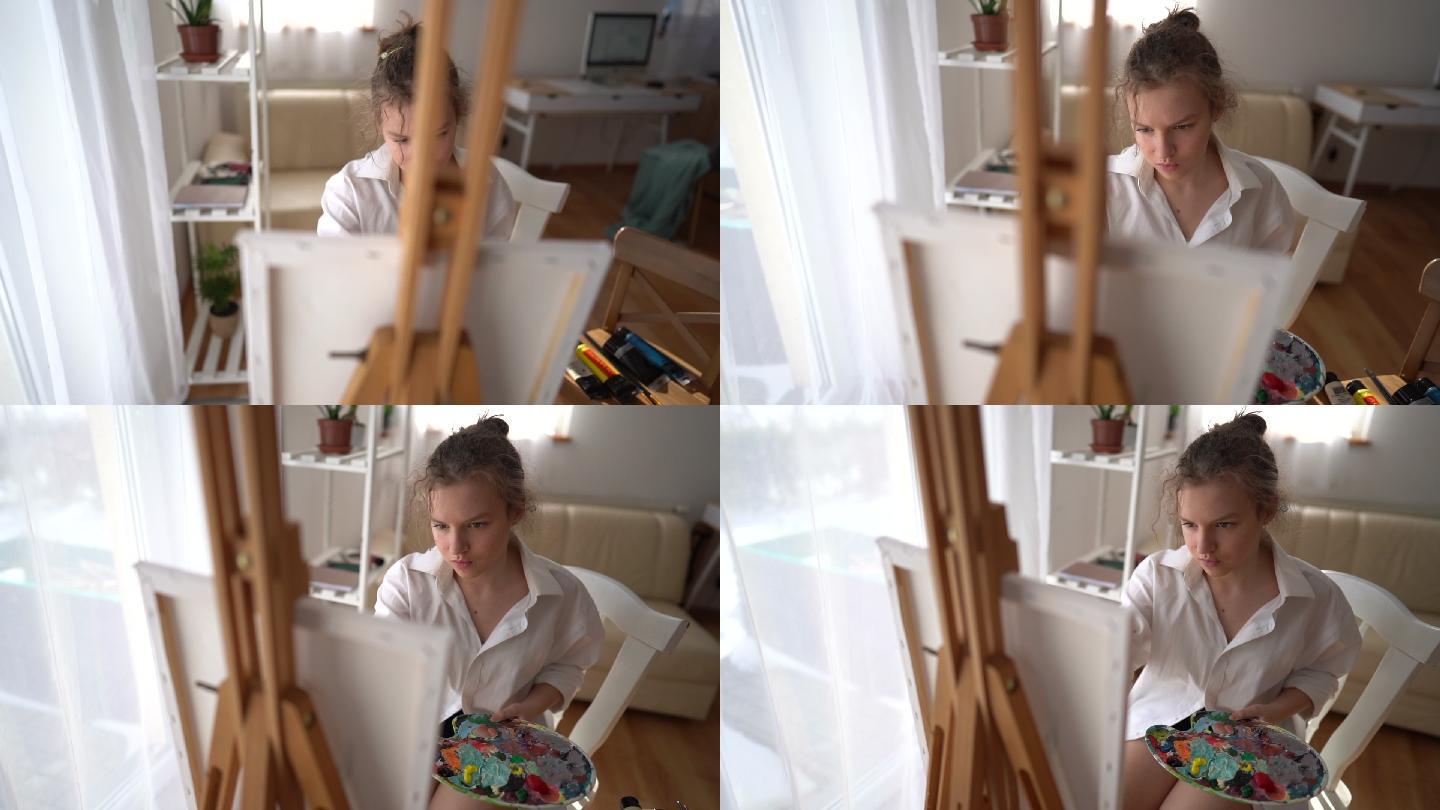 小女孩在家里画画绘画美术素描写生画画培训