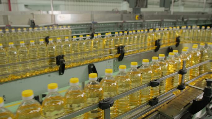 向日葵油在生产线上移动。
