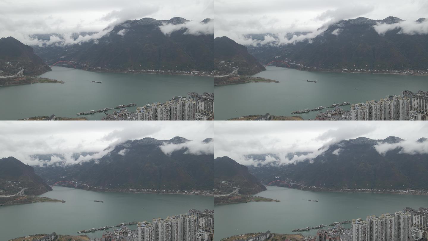 航拍重庆市巫山县巫峡峡口雪景