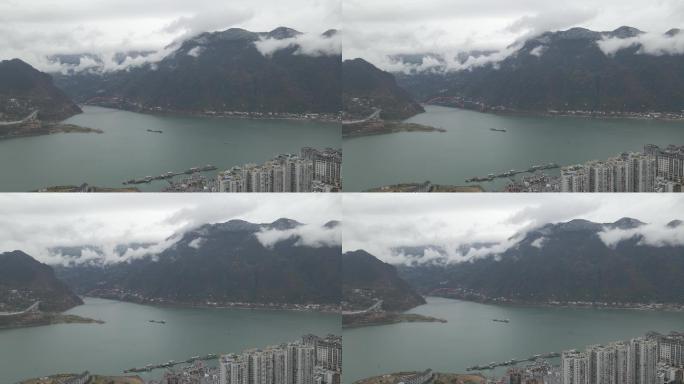 航拍重庆市巫山县巫峡峡口雪景