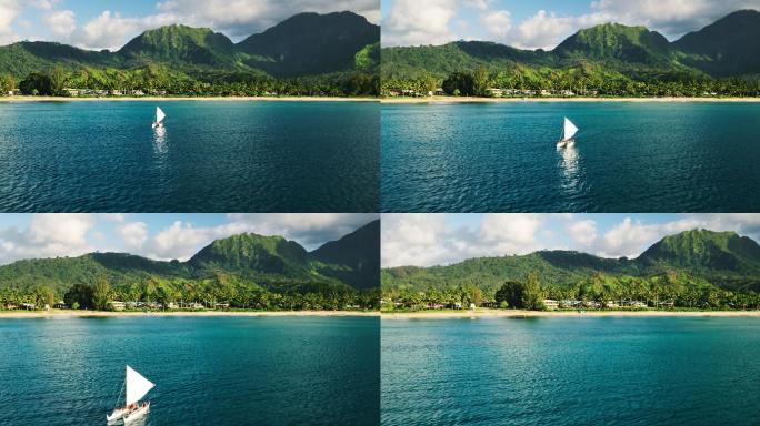 鸟瞰哈纳雷湾传统夏威夷帆船