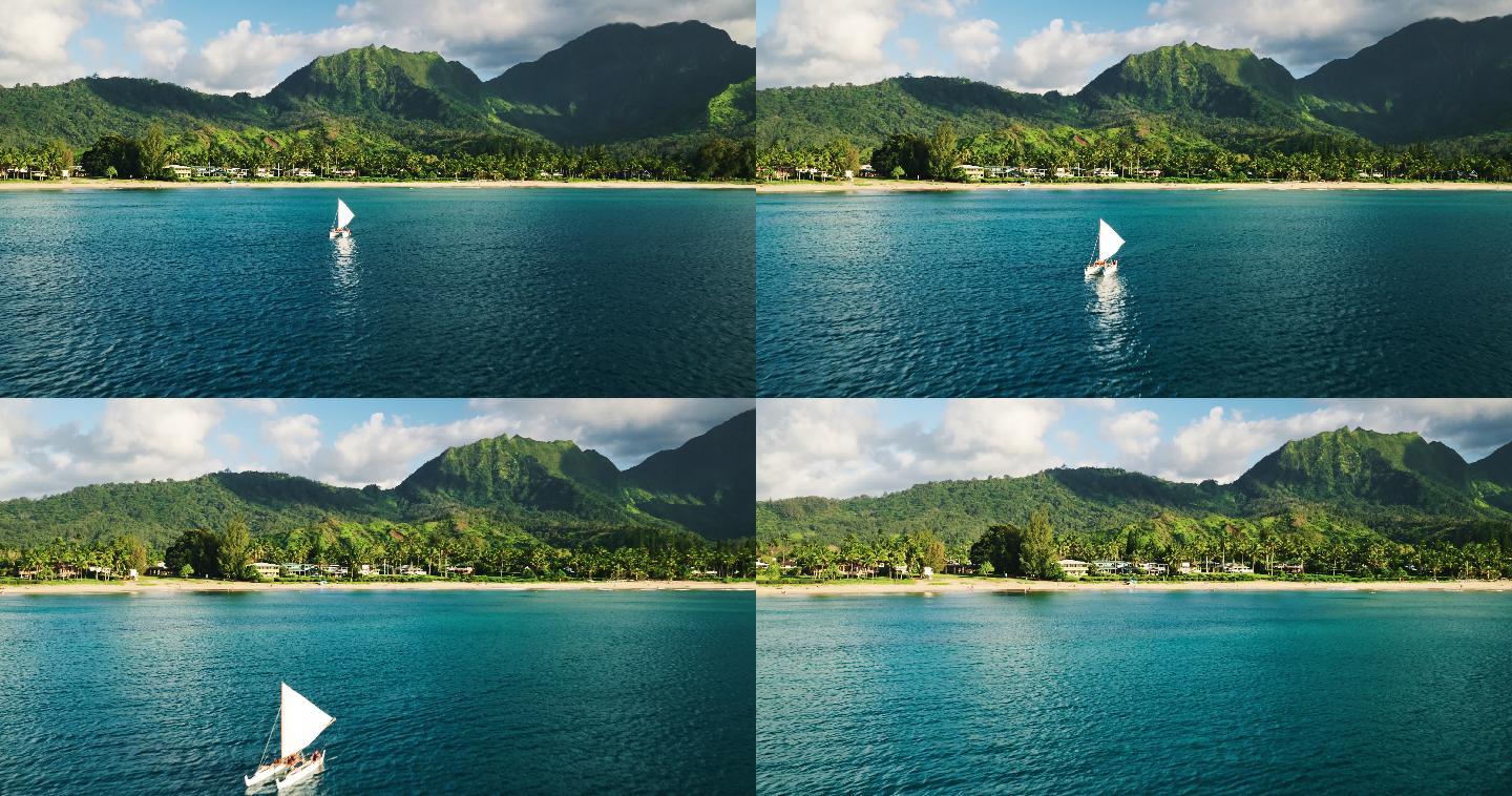 鸟瞰哈纳雷湾传统夏威夷帆船