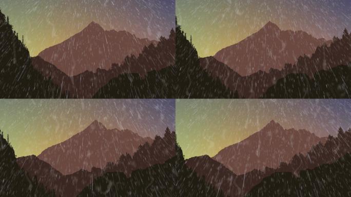 雨滴落在群山环抱的风景上