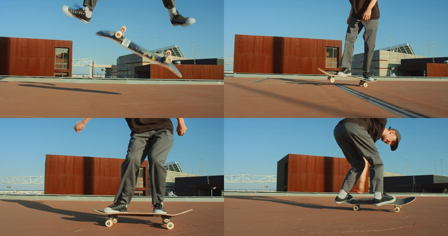 年轻人在城市环境中玩滑板的侧拍。