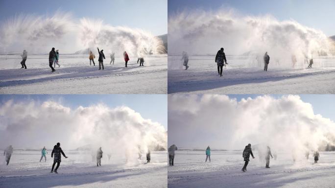 冰天雪地众人泼水成冰