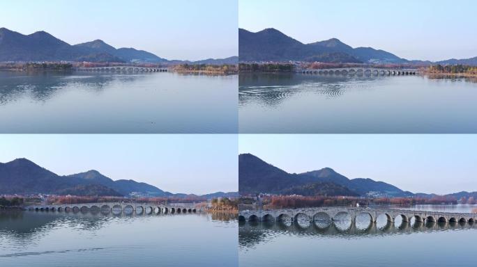 航拍杭州萧山湘湖景区多孔桥