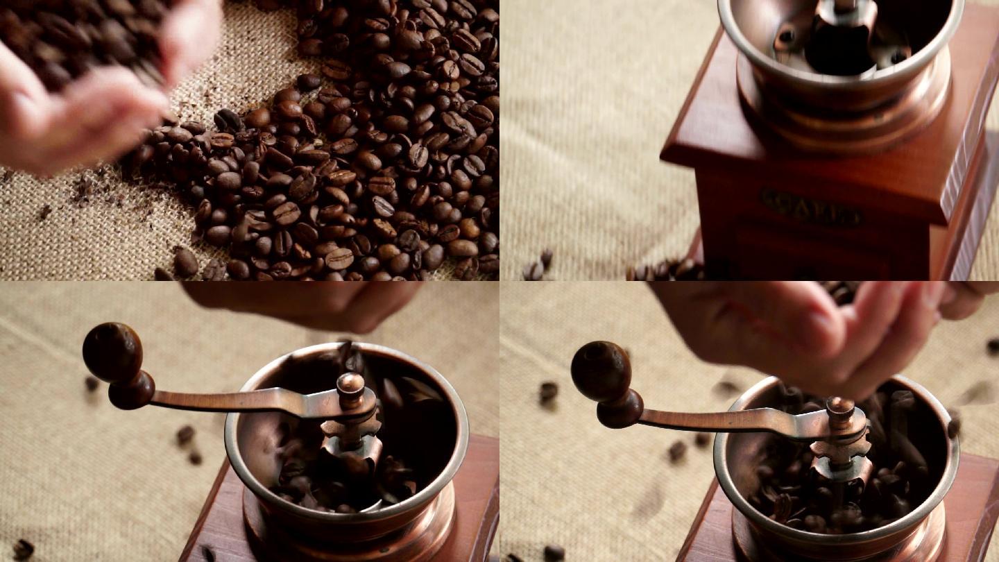 女人把咖啡豆放进一个古董咖啡研磨机里