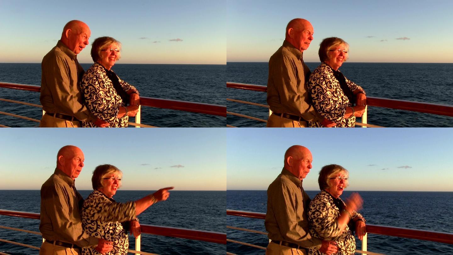 日落时分，一对退休夫妇在阿拉斯加巡航