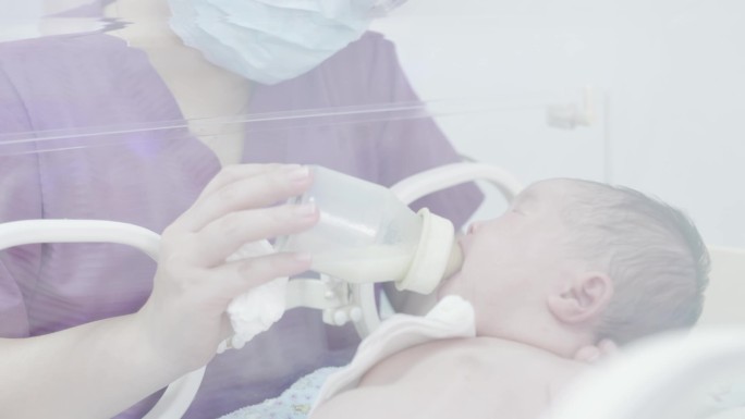 儿童医院新生儿科新生儿保温箱吃奶护士喂奶