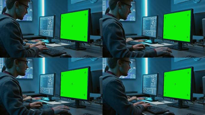 程序员在数据中心的绿色屏幕计算机上工作