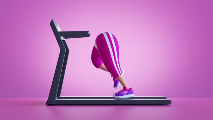 3d渲染，卡通人物腿在跑步机上跑步