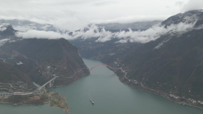 航拍重庆市巫山县巫峡峡口雪景