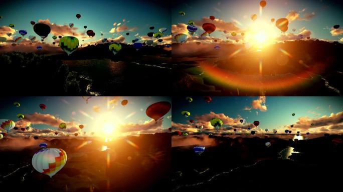 热气球在湖面上飞舞和美丽的日出