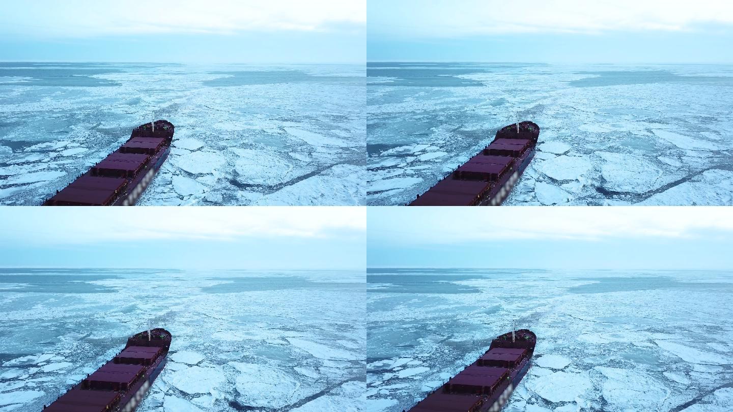 破冰作业船只凌汛冰块大海海洋碎冰结冰