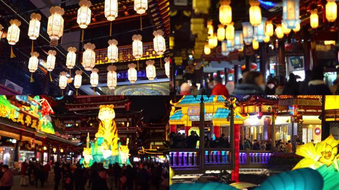 夜景上海城隍庙豫园人流灯笼4K实时视频