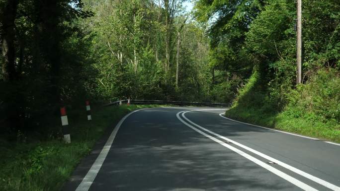 汽车在森林中蜿蜒的公路上缓慢行驶。