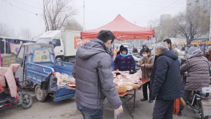 4k新春时节北方集市食品销售实拍视频