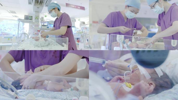 新生儿科保温箱护理护士照顾新生儿打针擦药