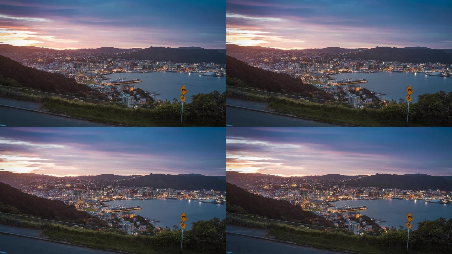 灯火照亮了新西兰惠灵顿市中心的美景