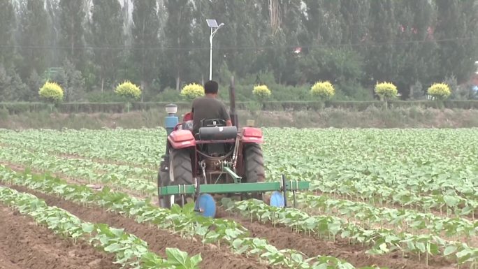 农民在田地里劳作机械翻耕