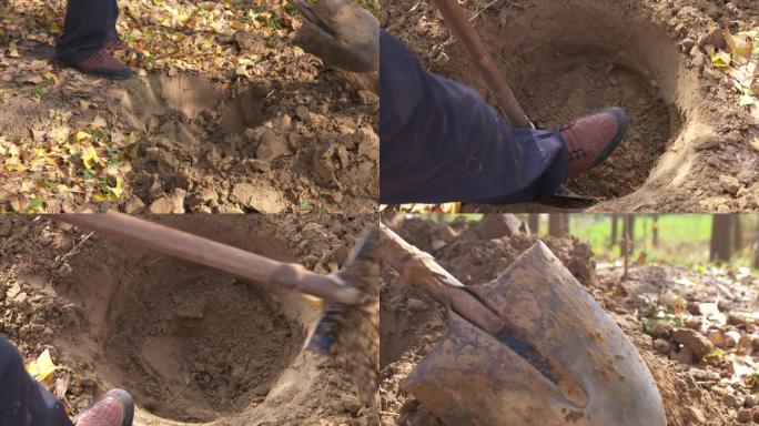 挖土铲土挖洞泥土铁锹挖掘特写A024